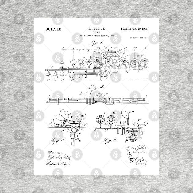 Flute Patent - Musician Art - Black And White by patentpress